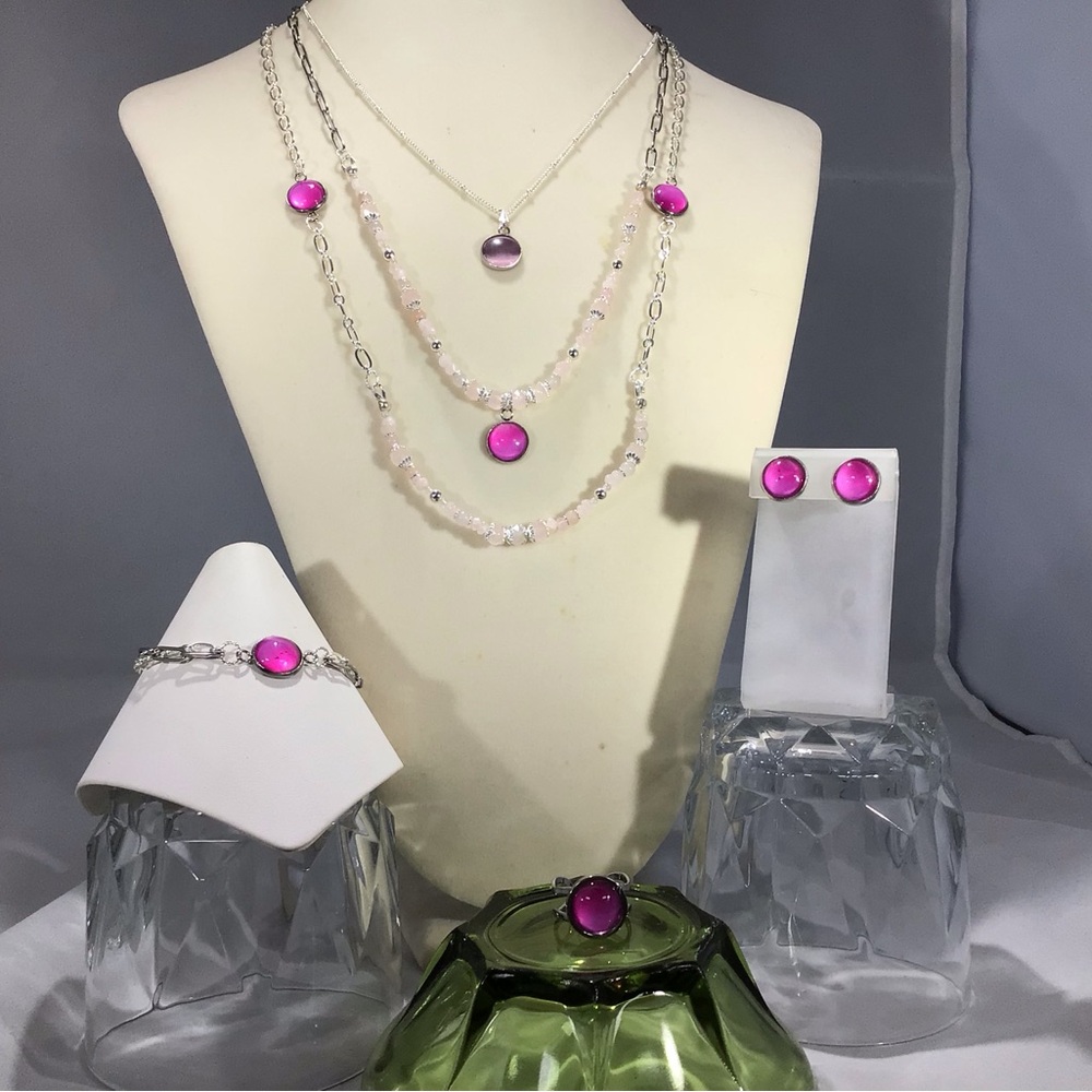 Handmade Pop of Color 3 Piece Necklace Set-Glass Cabochon-Gemstone-Aventurine